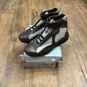 Prada America’s Cup Brown/Gray Leather High Top Fashion Sneakers Size 9 w/ Box